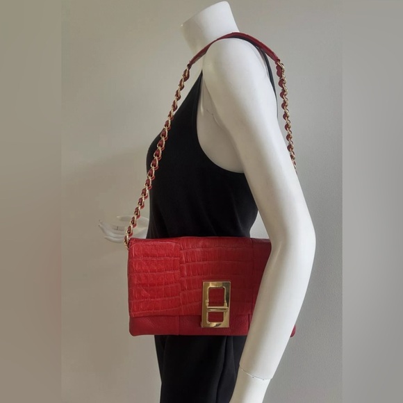 New PAOLA DANGOND Genuine Crocodile Chain Strap Shoulder Bag Handbag, Red - Picture 2 of 10